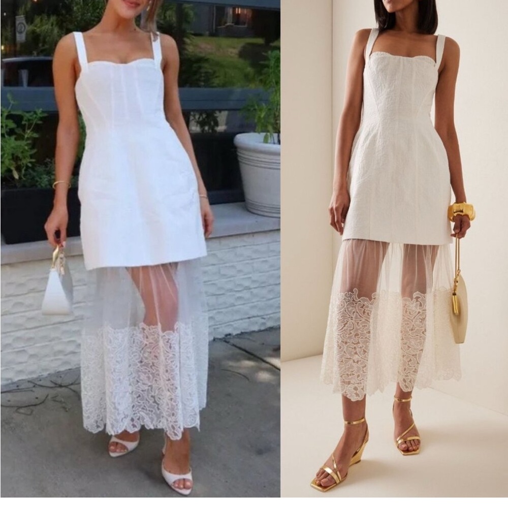 Simkhai Callan Ivory Bustier Jacquard Lace Midi Dress Size 4 Removable Tulle Hem